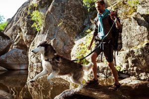 uomo che fa trekking con il cane in sicilia
